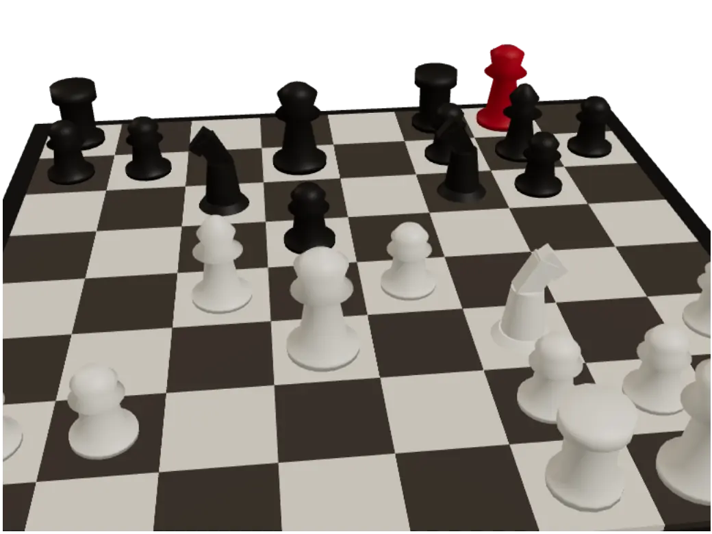 3D render of a chess middlegame with the black king highlighted in red